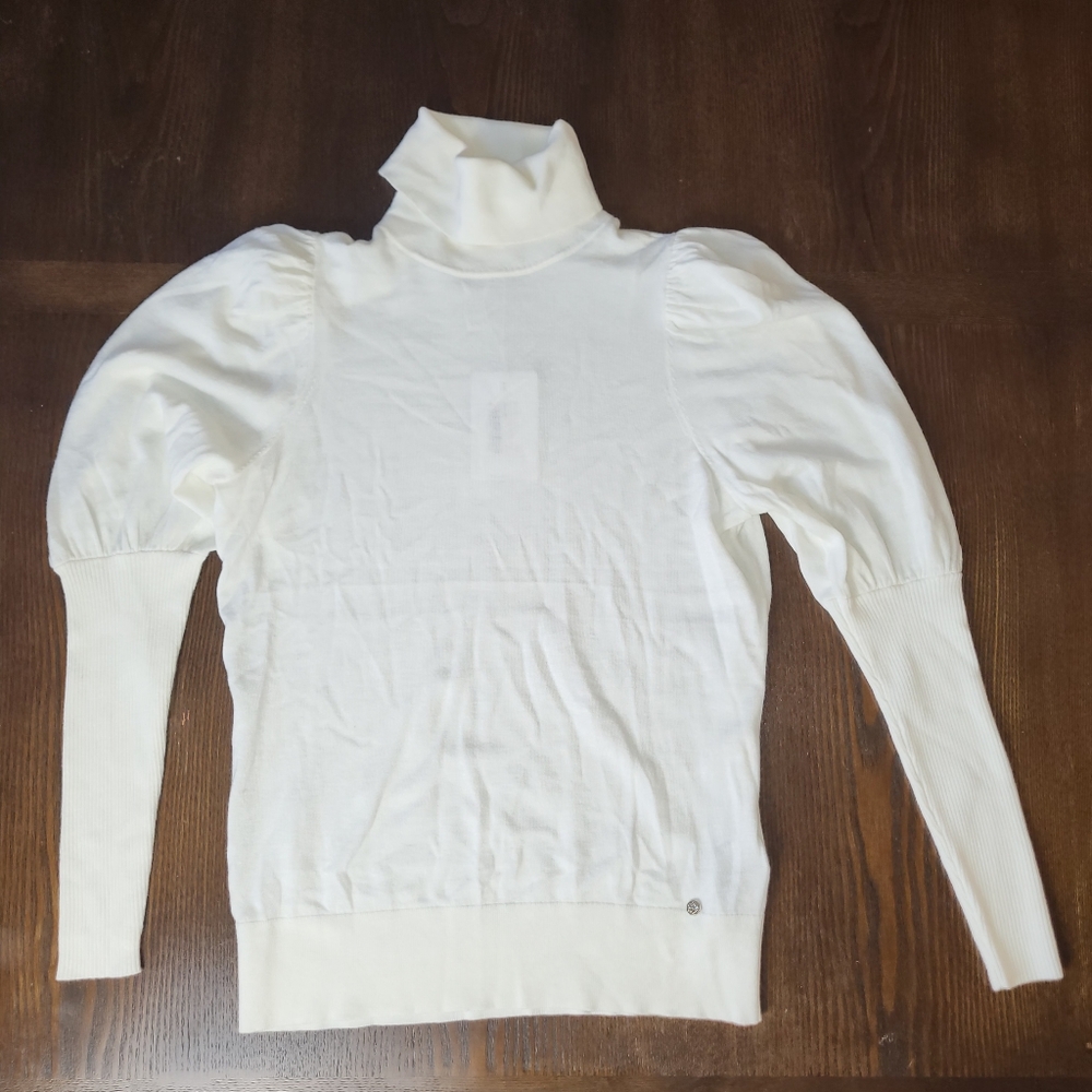 Ted Baker Classic Feminine White Sheer Turtleneck Sweater Puffy Shoulder